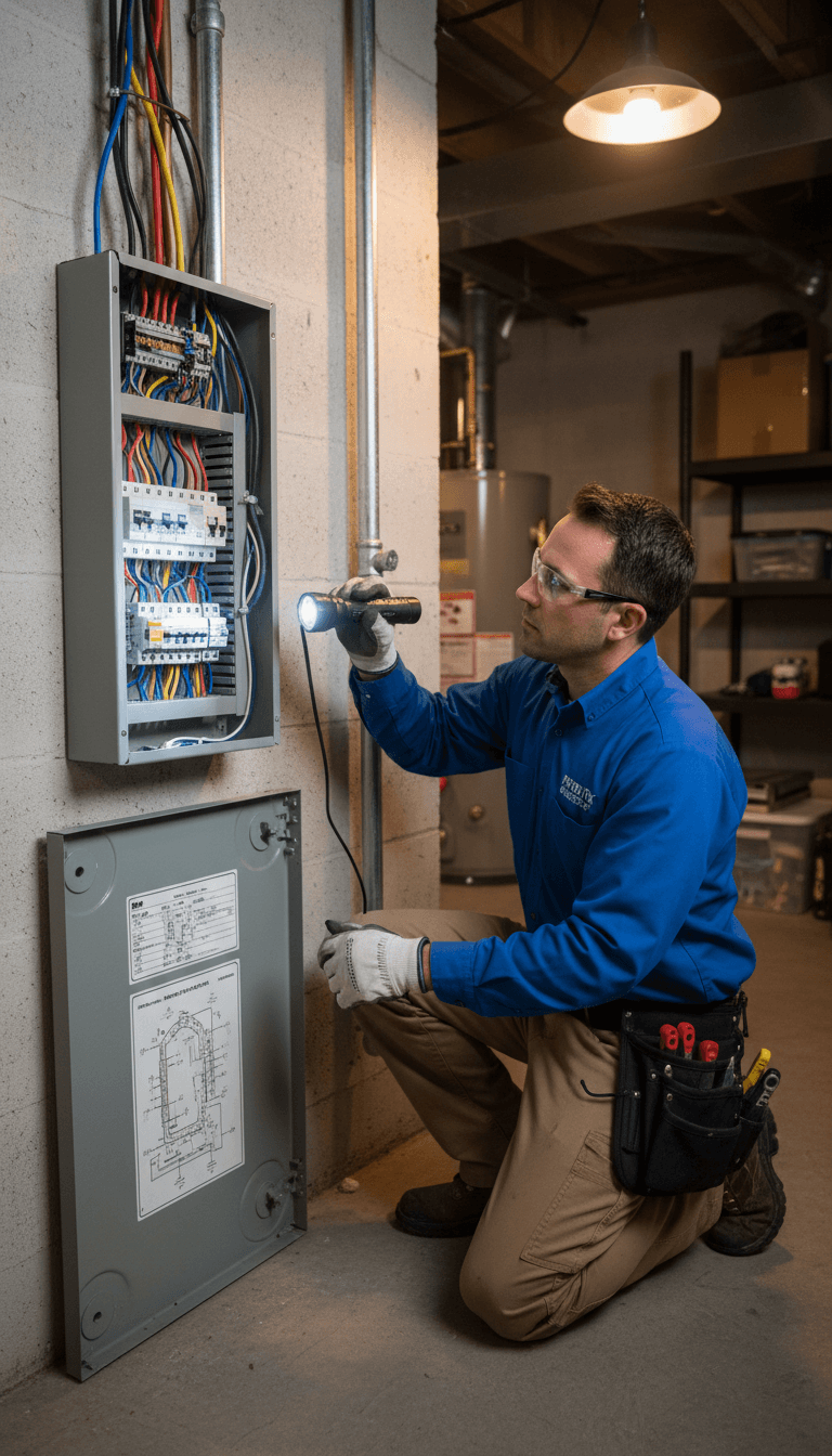 Electrician inspecting an electrical panel in a residential home