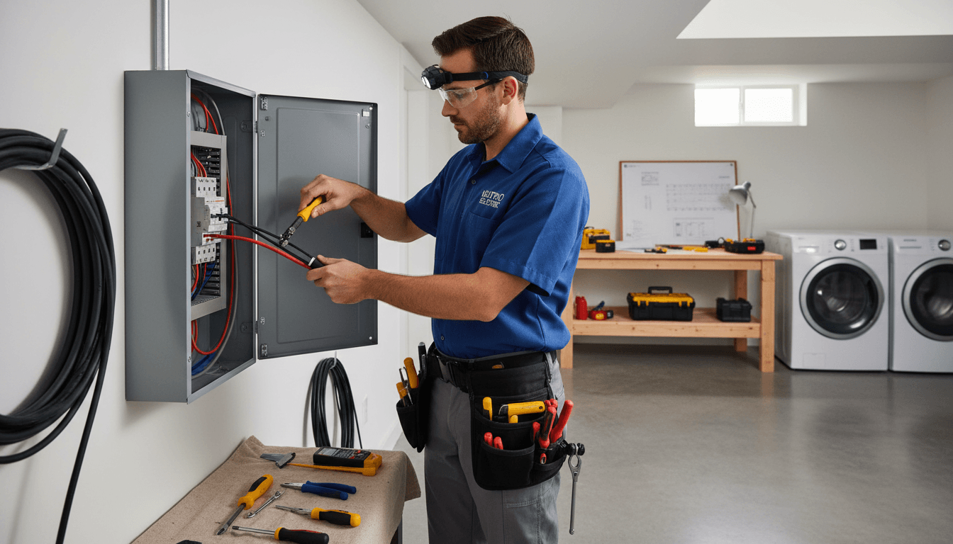 Professional electrician working on electrical panel in a residential home