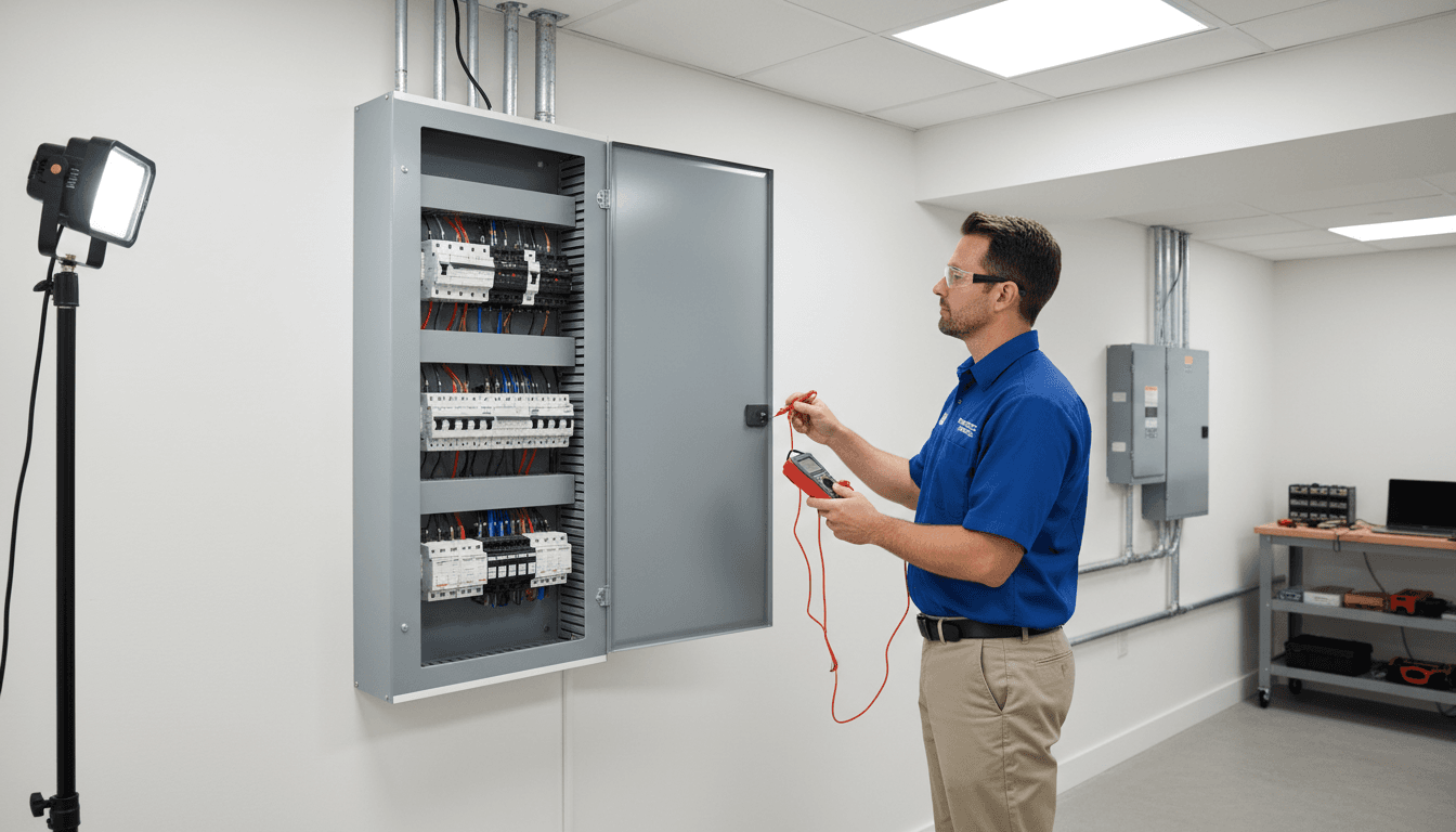 Electrician working on an electrical panel in a Clinton home