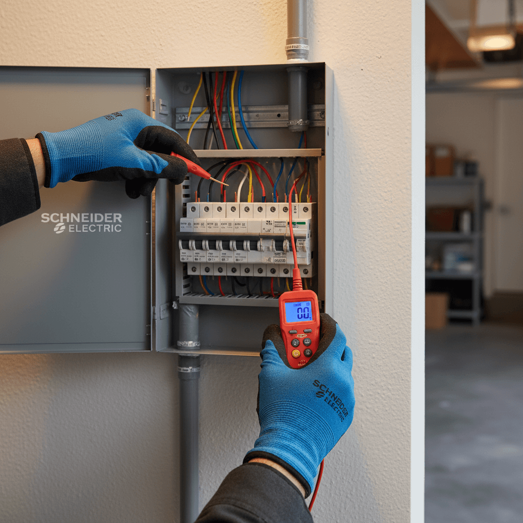Electrician inspecting a residential electrical panel