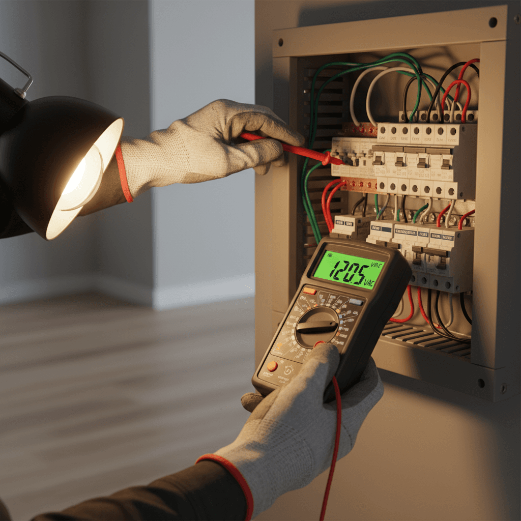 Electrician inspecting an electrical panel in a home